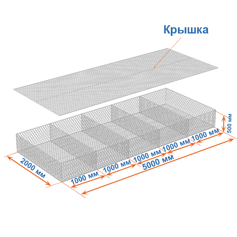 Габион матрац  ГСИ-М 5х2х0,5 оцинкованный, Ø проволоки 2,2 мм, размер ячейки 6х8 см фото