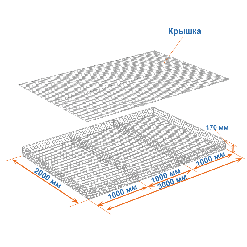 Габион матрац ГСИ-М 3х2х0,17 оцинкованный, Ø проволоки 2,4 мм, размер ячейки 6х8 см фото